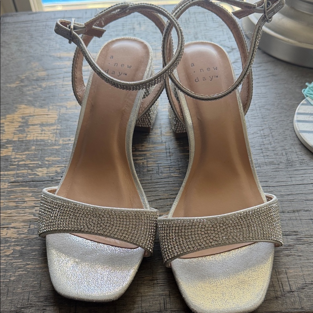 a new day Silver Rhinestone Block Heel Sandals size 6.5